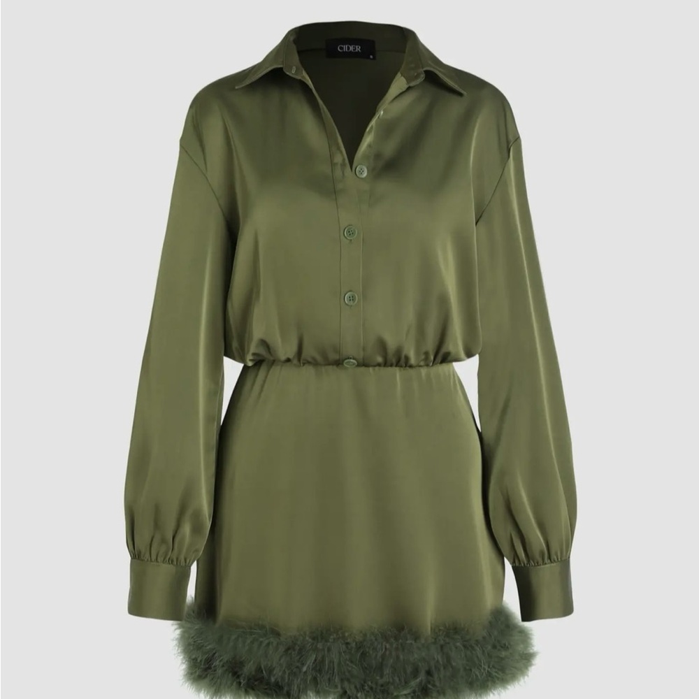 Cider Forest Green button down Satin with faux feather trim.